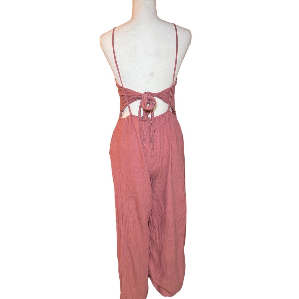 Jun & Ivy Mauve Pink Linen Blend Cutout Tie Back Wide Leg Jumpsuit M Pockets